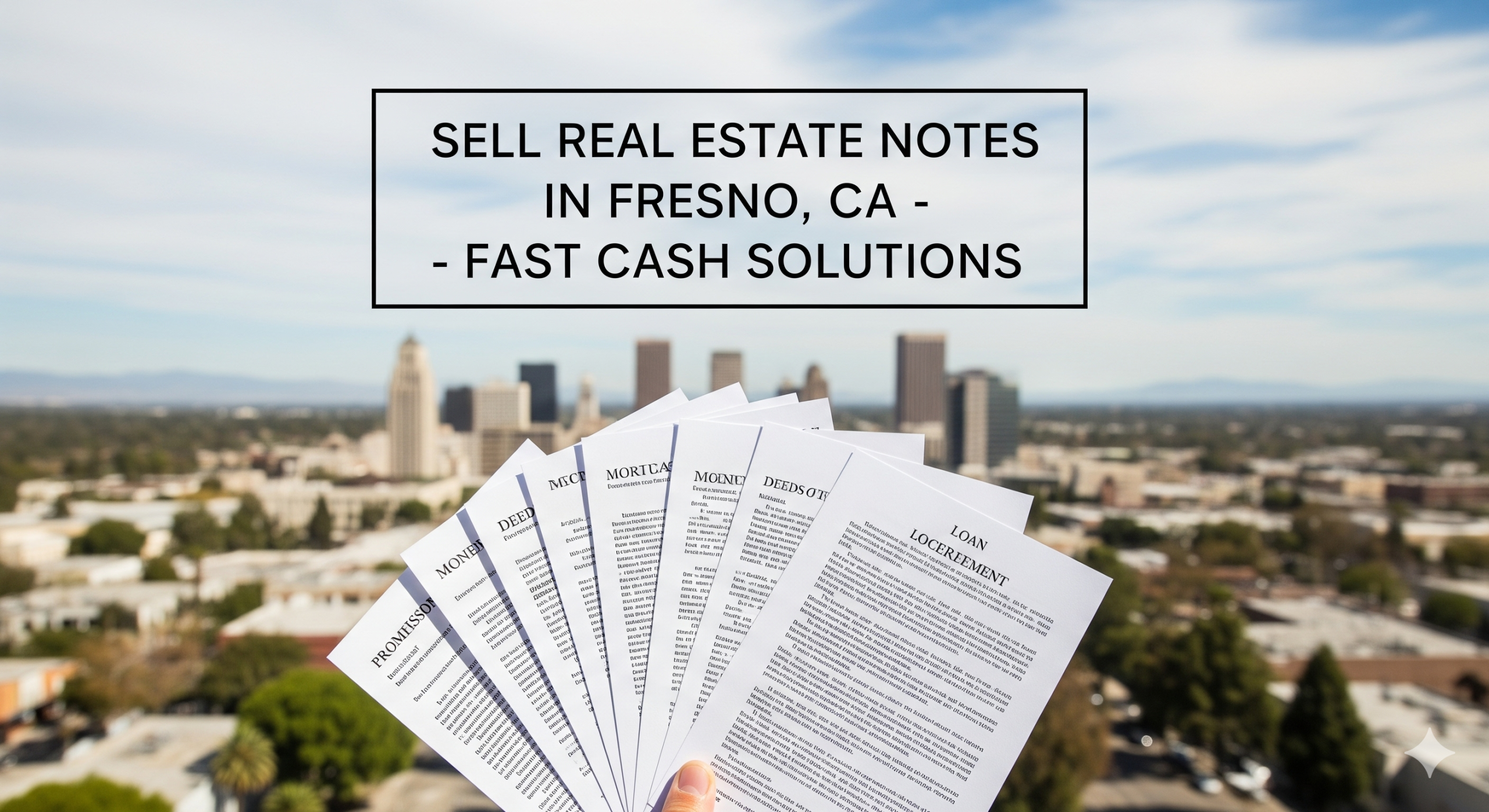 A professional banner image featuring a hand holding a fan of financial documents in the foreground, with the Fresno skyline visible in the background. The text "Sell Real Estate Notes in Fresno, CA - Fast Cash Solutions" is prominently overlaid.