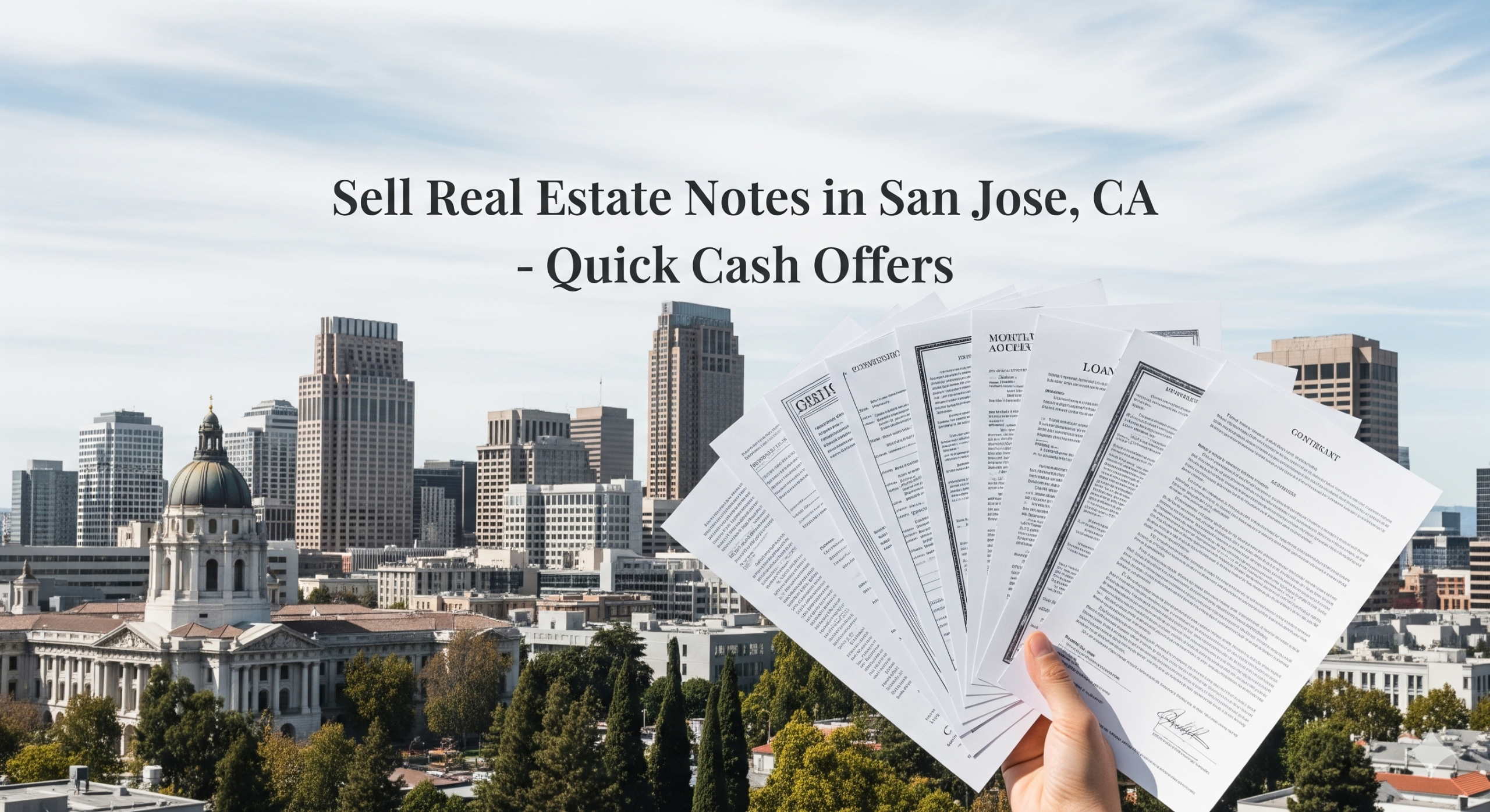 A professional banner image featuring a hand holding a fan of financial documents in the foreground, with the San Jose skyline visible in the background. The text "Sell Real Estate Notes in San Jose, CA - Quick Cash Offers" is prominently overlaid on the image.