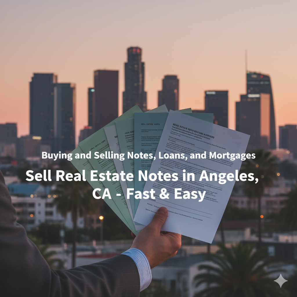 A banner image with the text "buying and selling notes, loans, and mortgages" and "real estate notes in Los Angeles, CA Fast and Easy," alongside visuals of money and financial documents.