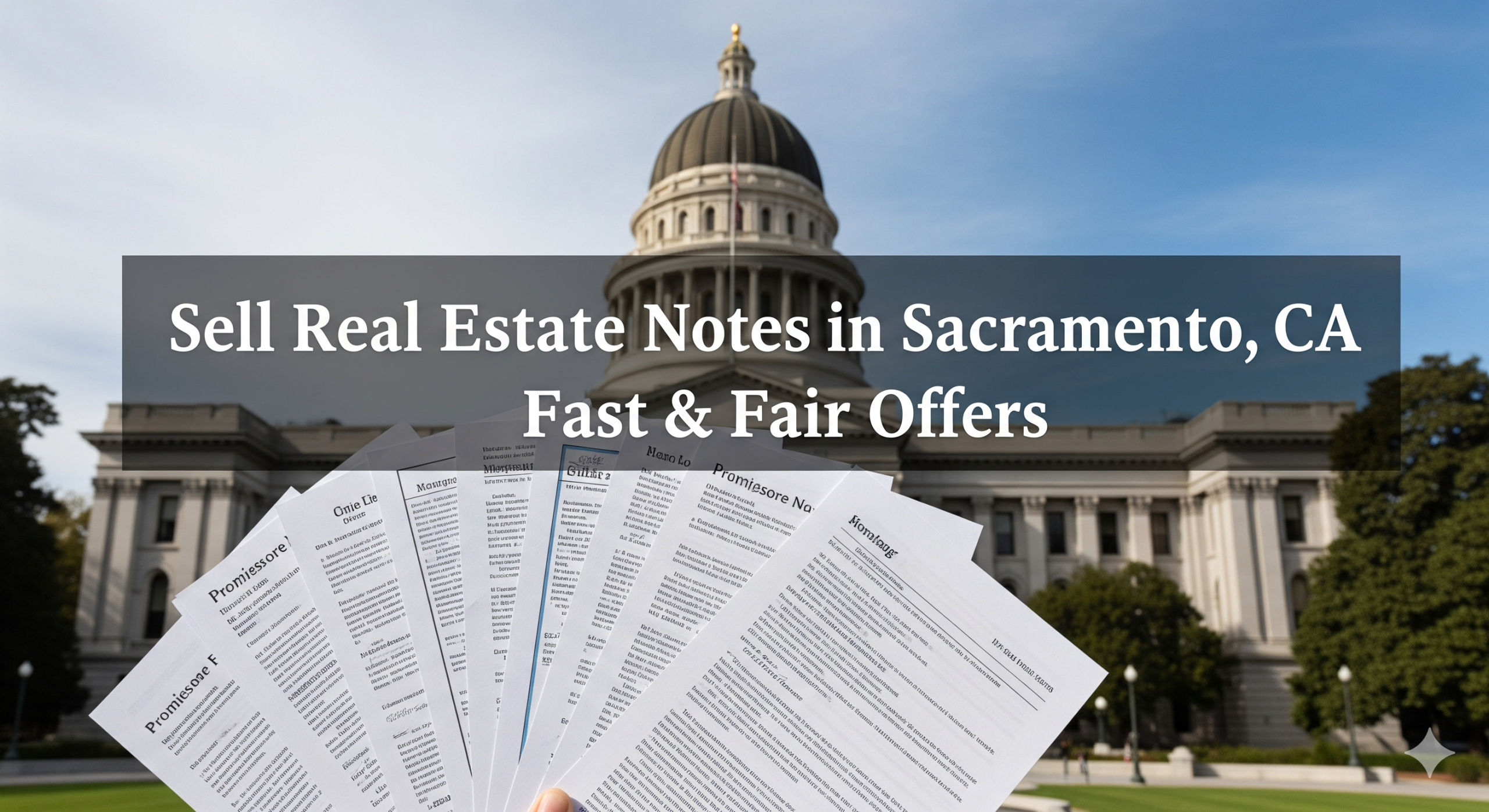 A professional banner image featuring a hand holding a fan of financial documents in the foreground, with the Sacramento skyline visible in the background. The text "Sell Real Estate Notes in Sacramento, CA - Fast Cash Offers" is prominently overlaid.
