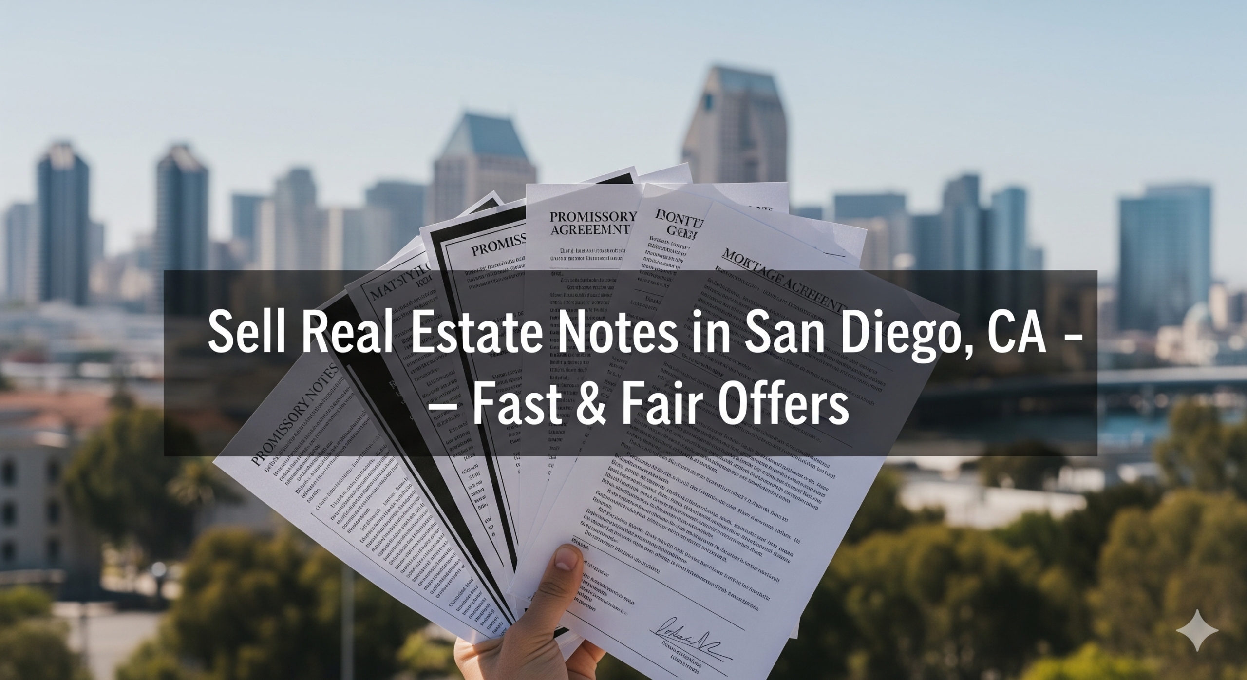 A professional banner image featuring a hand holding a fan of financial documents in the foreground, with the San Diego skyline visible in the background. The text "Sell Real Estate Notes in San Diego, CA - Fast & Fair Offers" is prominently overlaid on the image.