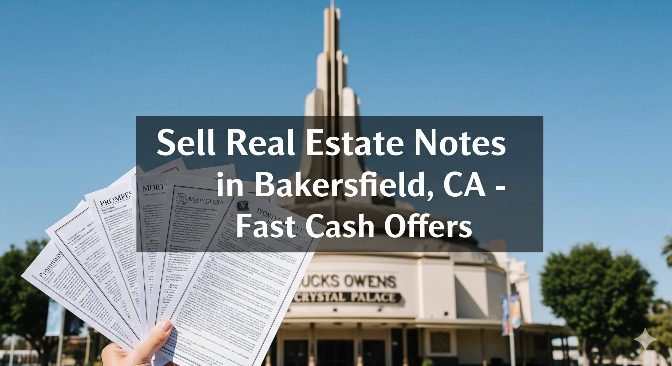 A professional banner image featuring a hand holding a fan of financial documents in the foreground, with the Bucks Owens Crystal Palace in Bakersfield, CA visible in the background. The text "Sell Real Estate Notes in Bakersfield, CA" is prominently overlaid. Real Estate Notes in Bakersfield