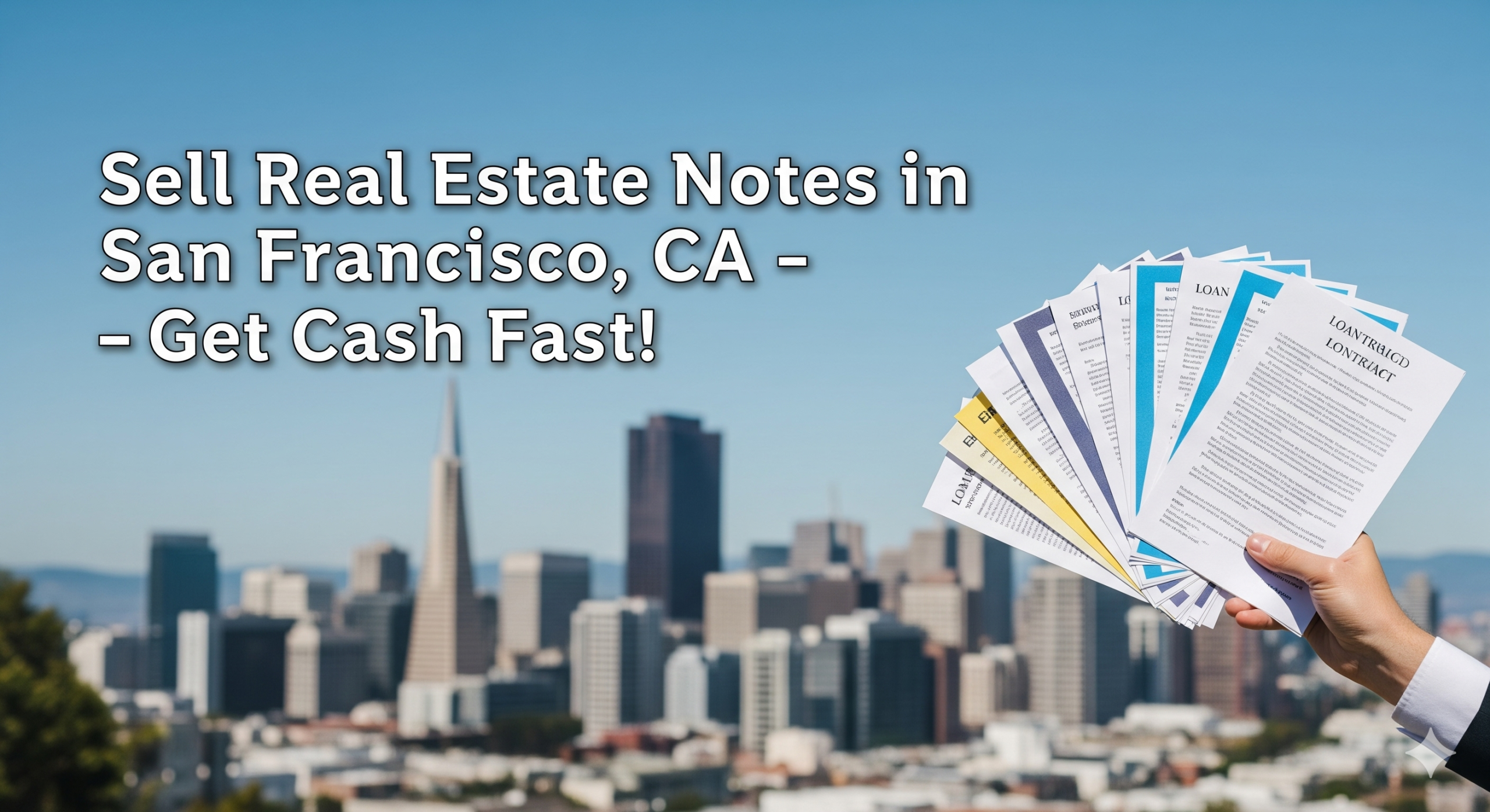 A professional banner image featuring a hand holding a fan of financial documents, with a clear view of the San Francisco skyline in the background. The text "Sell Real Estate Notes in San Francisco, CA – Get Cash Fast!" is prominently overlaid.