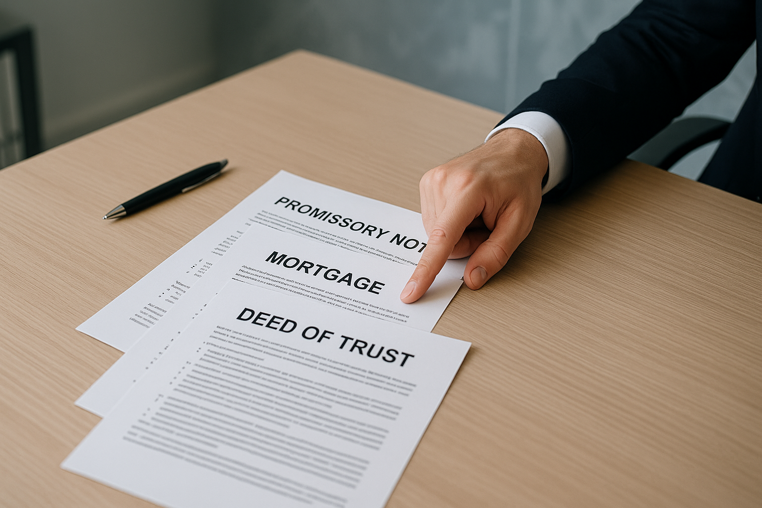 A close-up shot of a professional's hand holding a fan of financial documents, including notes, mortgages, and deeds of trust, in a modern office setting.