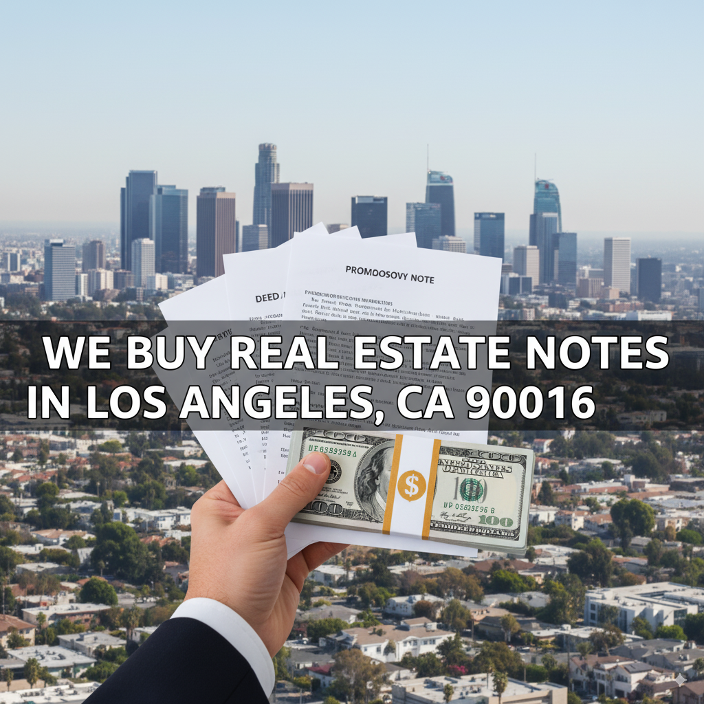 A professional banner image with a hand holding real estate documents and cash against the Los Angeles skyline. Overlaid text: "We Buy Real Estate Notes in Los Angeles, CA 90016".