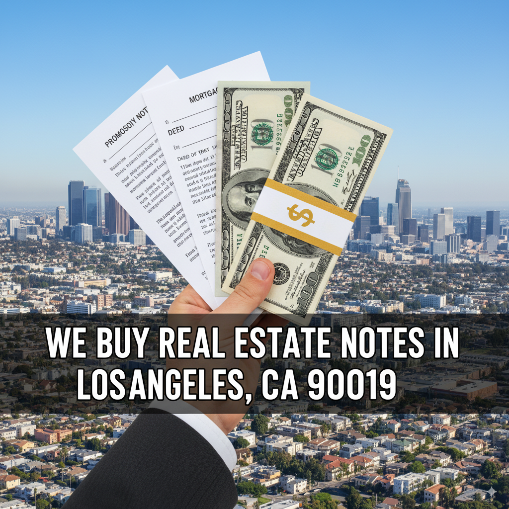 A professional banner image with a hand holding real estate documents and cash against the Los Angeles skyline. Overlaid text: "We Buy Real Estate Notes in Los Angeles, CA 90019".