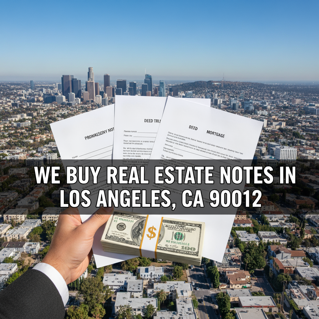 A professional banner image with a hand holding real estate documents and cash against the Los Angeles skyline. Overlaid text: "We Buy Real Estate Notes in Los Angeles, CA 90012".