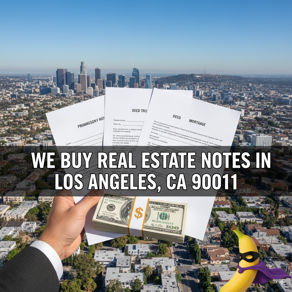 A professional banner image with a hand holding real estate documents and cash against the Los Angeles skyline. Overlaid text: "We Buy Real Estate Notes in Los Angeles, CA 90011".
