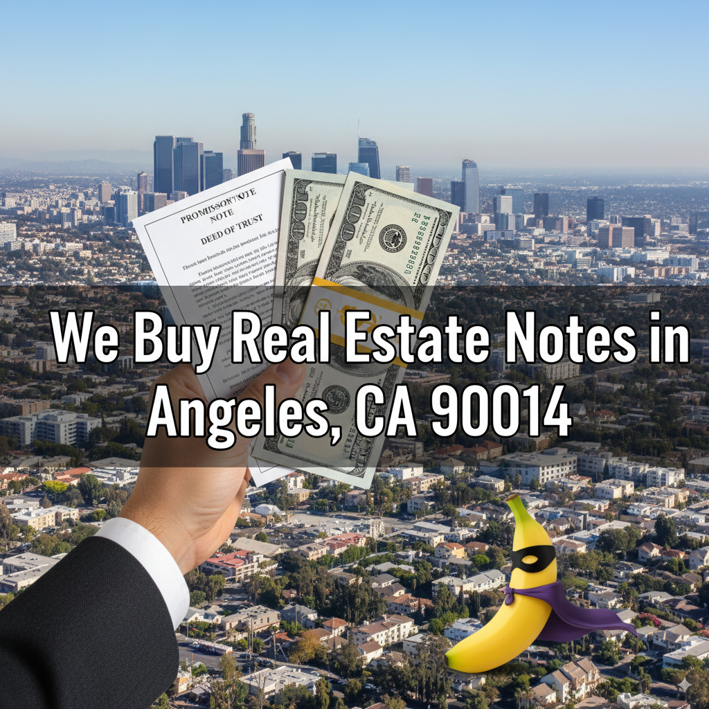 A professional banner image with a hand holding real estate documents and cash against the Los Angeles skyline. Overlaid text: "We Buy Real Estate Notes in Los Angeles, CA 90014".