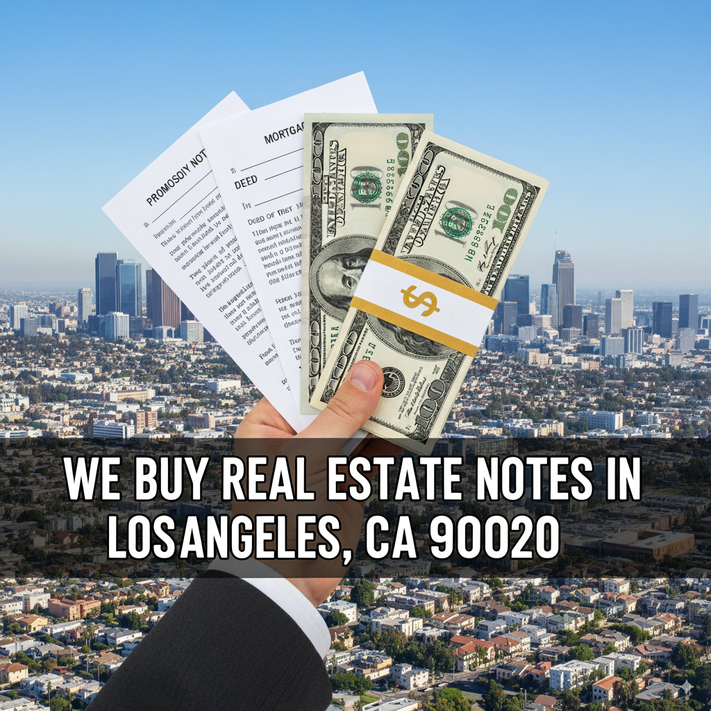 A professional banner image with a hand holding real estate documents and cash against the Los Angeles skyline. Overlaid text: "We Buy Real Estate Notes in Los Angeles, CA 90020".