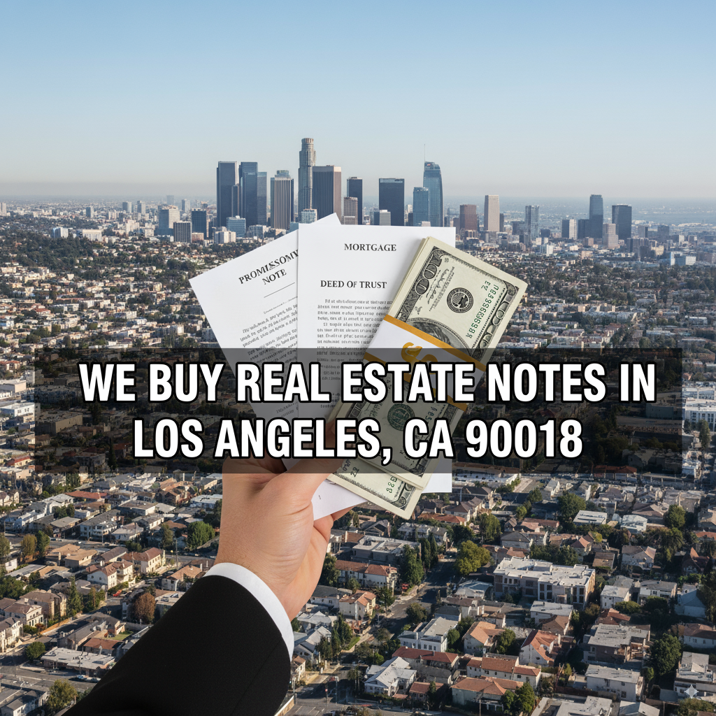 A professional banner image with a hand holding real estate documents and cash against the Los Angeles skyline. Overlaid text: "We Buy Real Estate Notes in Los Angeles, CA 90018".