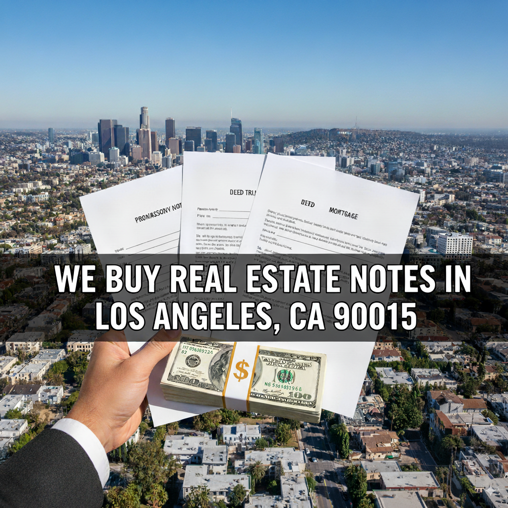 A professional banner image with a hand holding real estate documents and cash against the Los Angeles skyline. Overlaid text: "We Buy Real Estate Notes in Los Angeles, CA 90015".