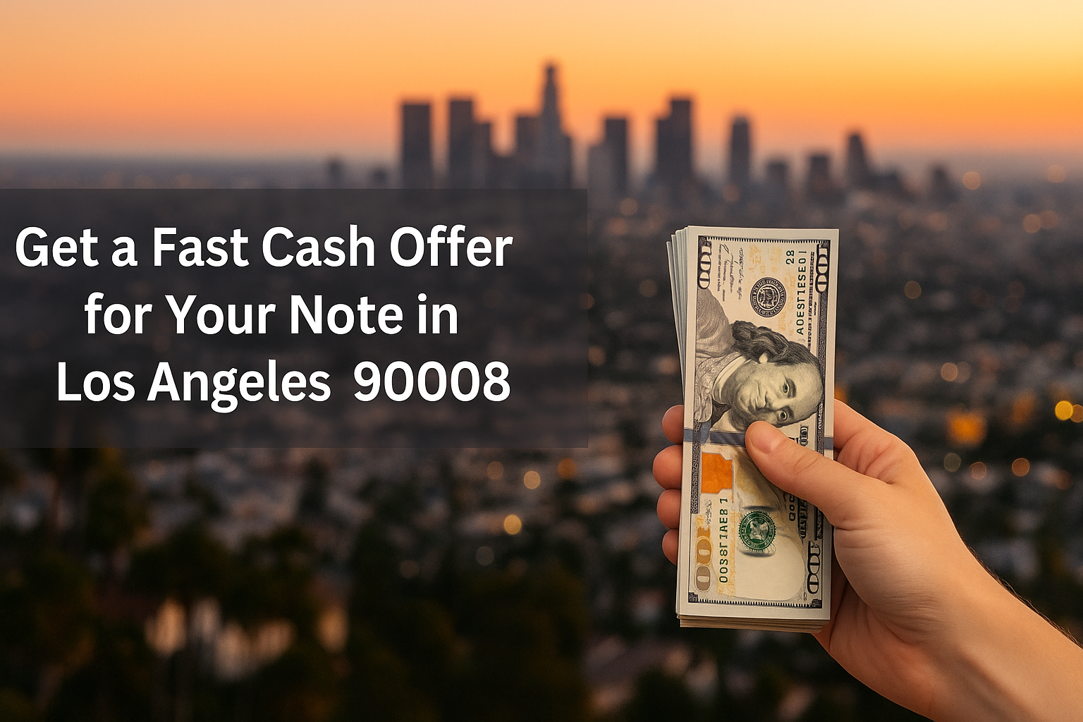 Hand holding a stack of $100 bills against a blurred Los Angeles skyline at sunset — fast cash offer for a real estate note in ZIP 90008.