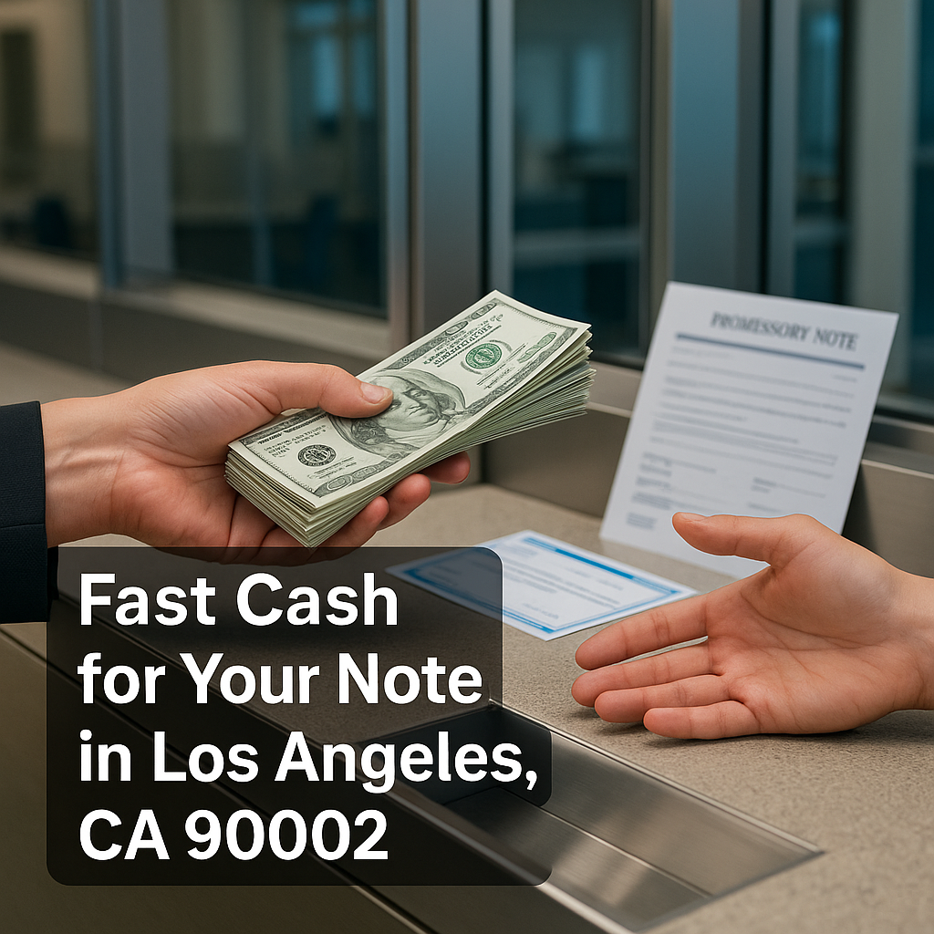 Two hands exchange a stack of $100 bills across a bank teller counter, with a promissory note and check behind it—Los Angeles, CA 90002.