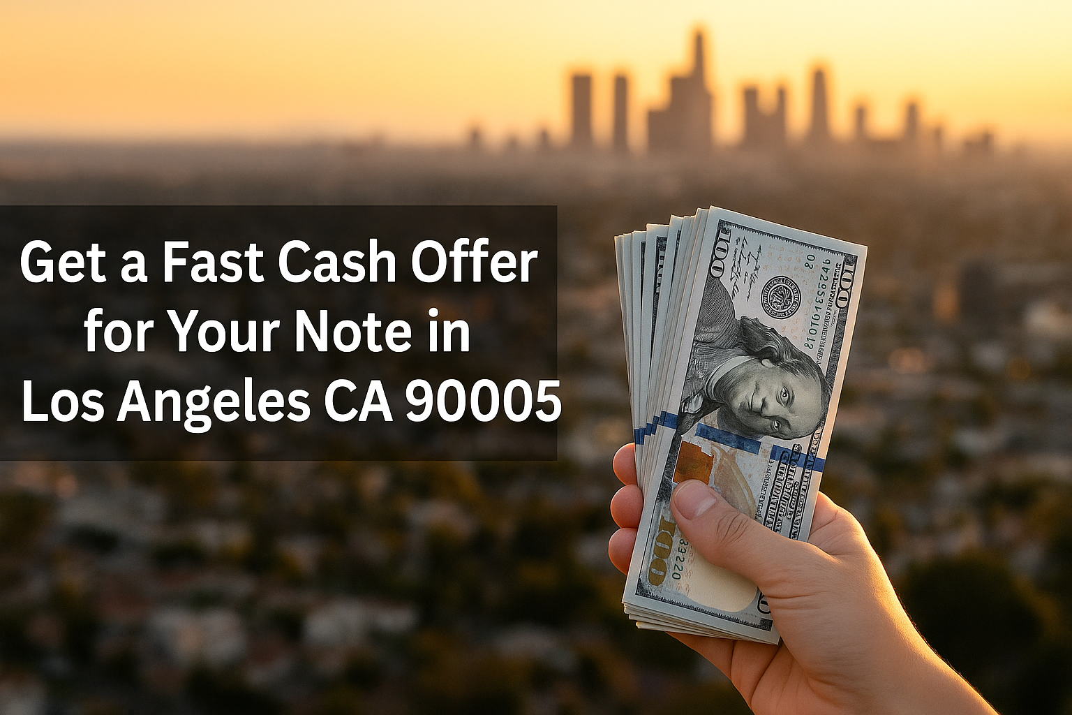 Hand holding a stack of $100 bills against a blurred Los Angeles skyline at sunset — fast cash offer for your note in ZIP 90005.