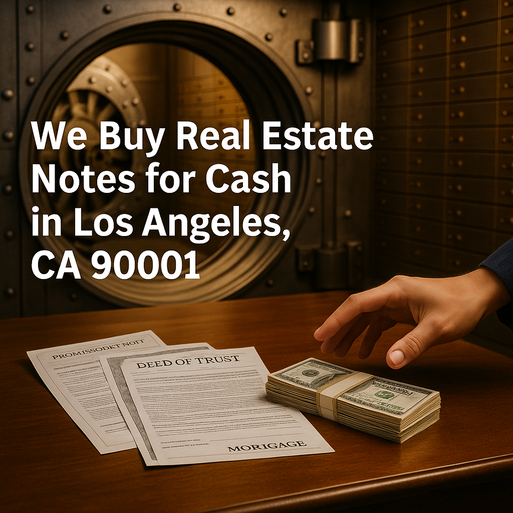 We buy real estate notes for cash in Los Angeles, CA 90001 — stack of cash beside deed of trust and promissory note on a desk, classic bank vault in background, hand reaching.