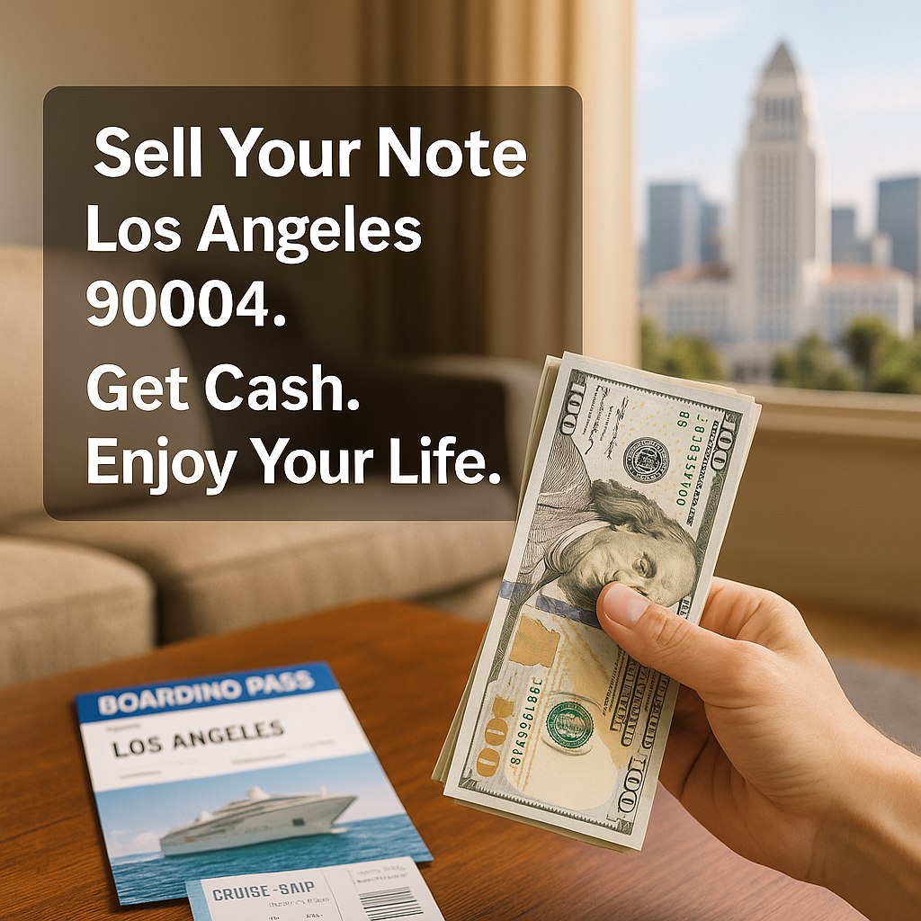 Hand holding a stack of $100 bills in a Los Angeles living room with the skyline visible through the window; plane ticket and cruise brochure on the table — ZIP 90004.