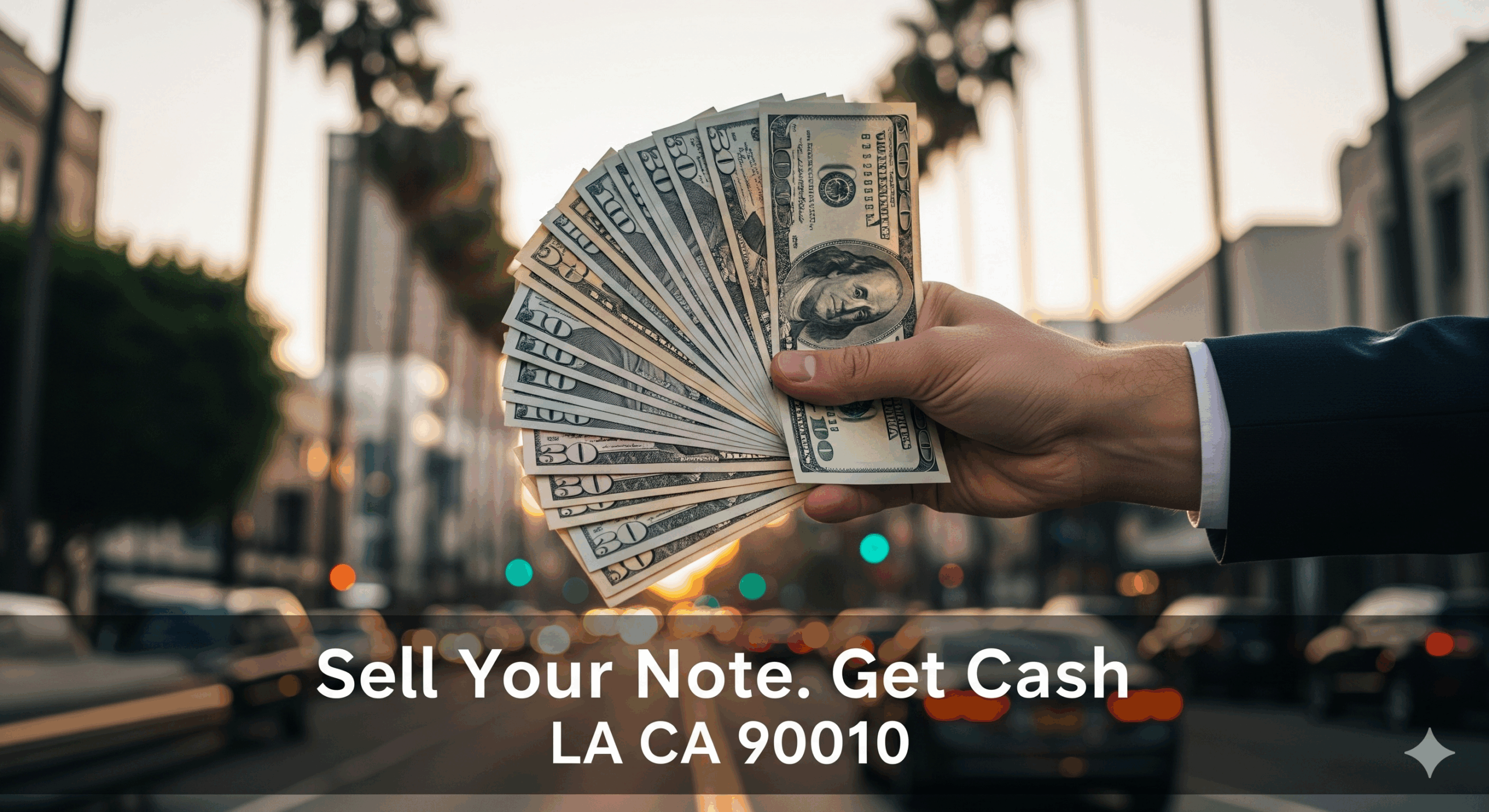A professional banner image showing a hand holding a stack of fanned-out cash with a blurred Los Angeles street and palm trees in the background. The text "Sell Your Note. Get Cash LA CA 90010" is overlaid on the image.