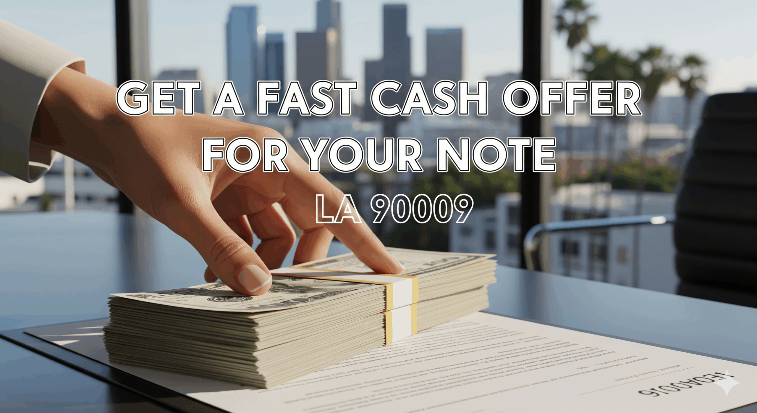A professional banner image showing a hand placing a stack of cash on a legal document in a modern office. The text "Get a Fast Cash Offer for Your Note LA 90009" is overlaid on the image.