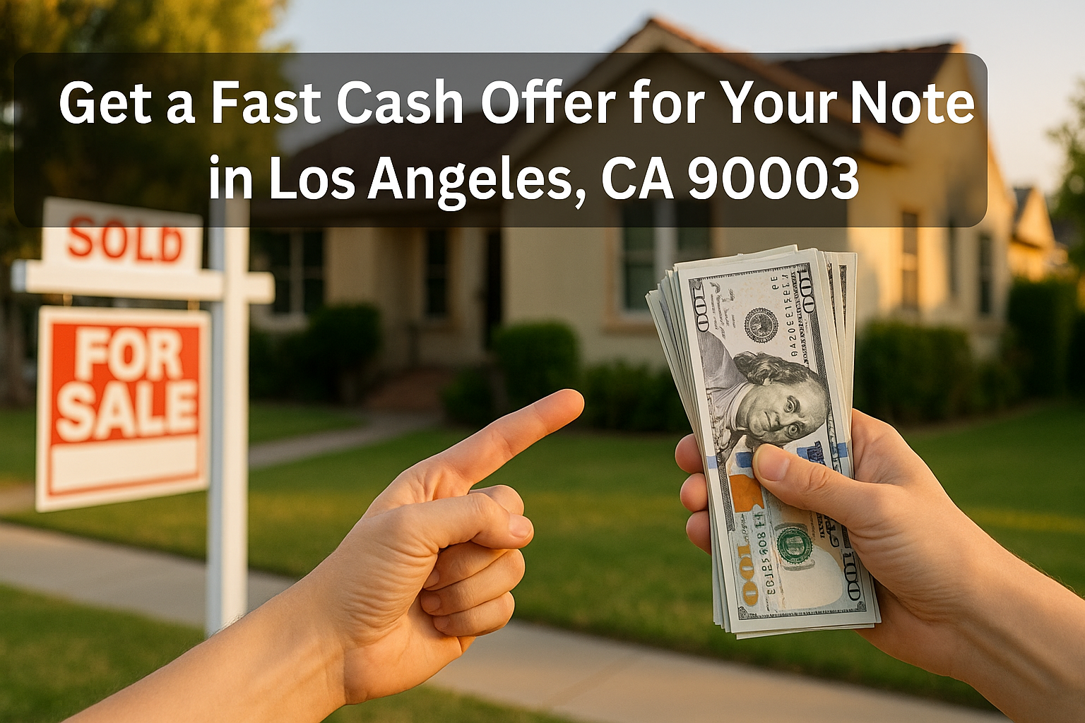 Hand holding a stack of $100 bills and pointing toward a house with a SOLD/For Sale sign on a residential street — Los Angeles, CA 90003; fast cash offer for your real estate note.