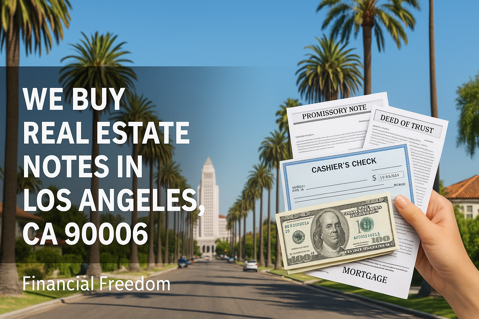 Hand holding promissory note, deed of trust, mortgage, and cashier’s check on a palm-lined Los Angeles street — real estate notes buyer in 90006.