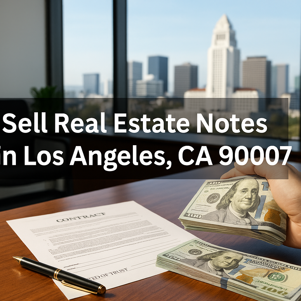 Contract, pen, and stacks of $100 bills on a polished desk in a modern office with the Los Angeles skyline in the window — “Sell Real Estate Notes in Los Angeles, CA 90007.”