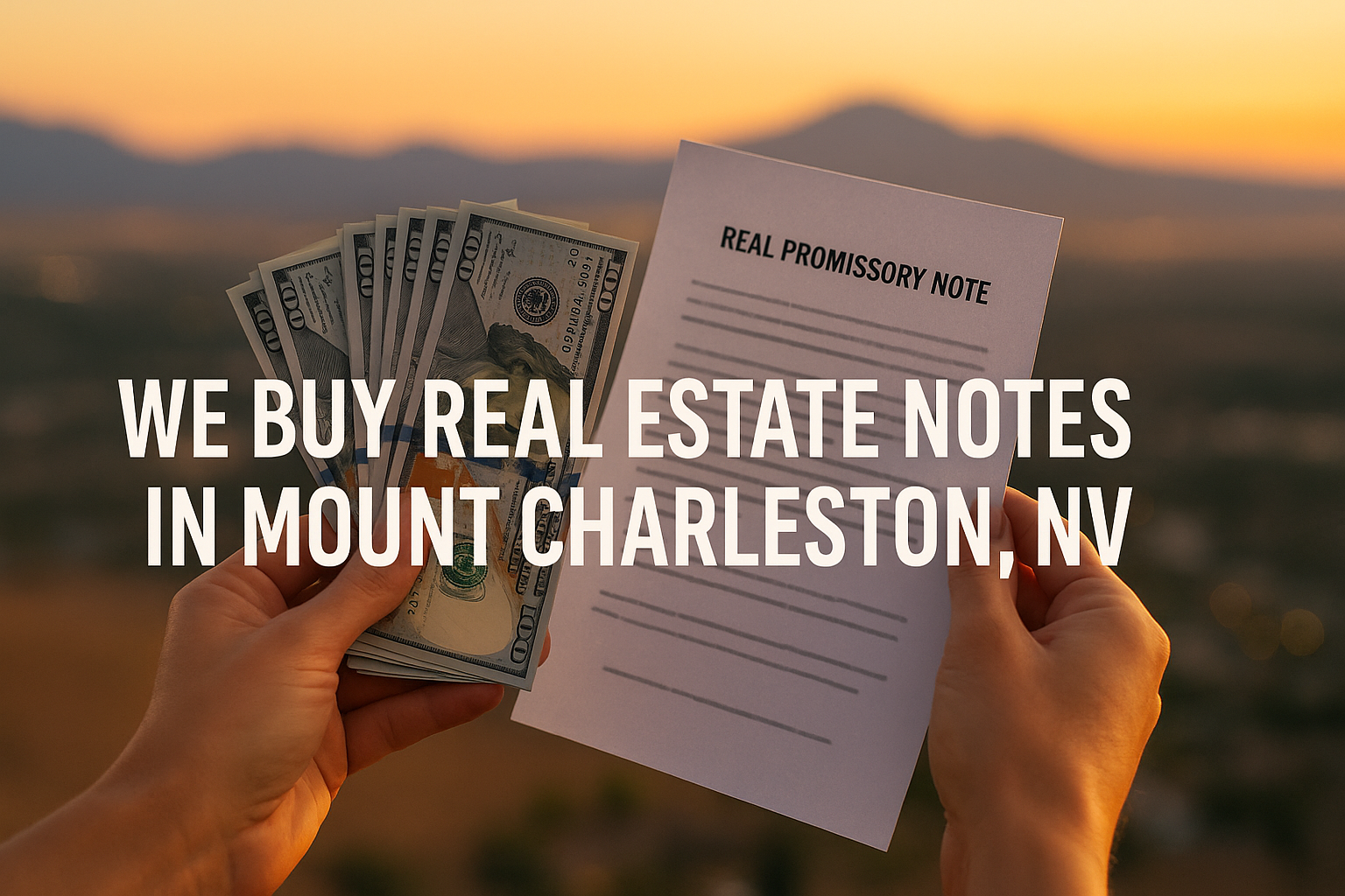 Hands holding fanned hundred-dollar bills and a promissory note at sunset with text reading “We Buy Real Estate Notes in Mount Charleston, NV.”