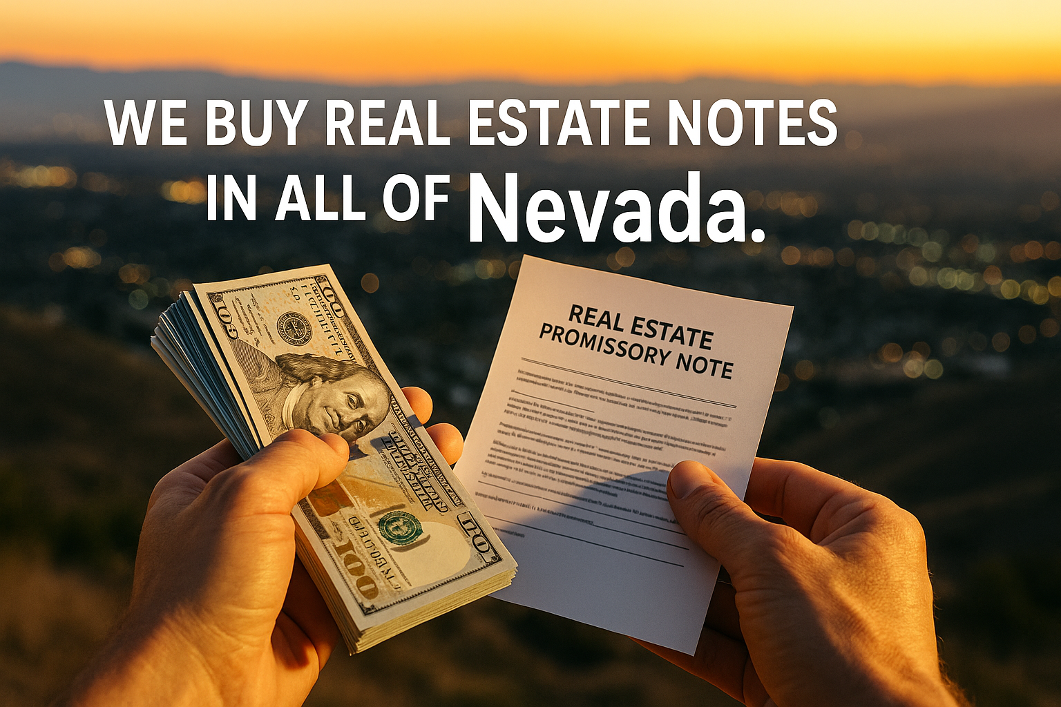 Natural hands holding a stack of hundred-dollar bills and a real estate promissory note under golden sunlight, with a softly blurred high-angle view of Nevada’s glowing cities in the background.