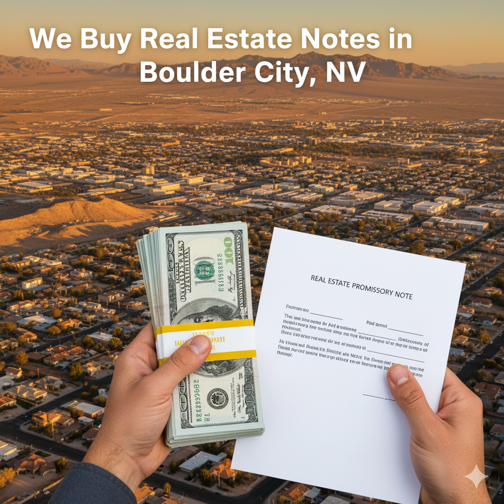 Hands holding a large stack of $100 bills and a real estate promissory note in the foreground, with a panoramic view of Boulder City, NV, and surrounding mountains at sunset in the background. The text "We Buy Real Estate Notes in Boulder City, NV" is overlaid.