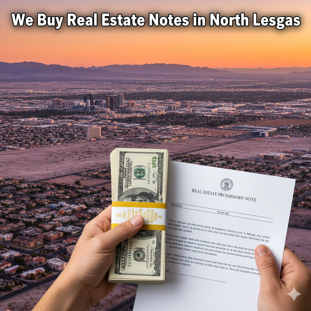 A person's hands holding a stack of $100 bills and a real estate promissory note, set against a panoramic view of the North Las Vegas, NV skyline at sunset. The image includes the text "We Buy Real Estate Notes in North Las Vegas".