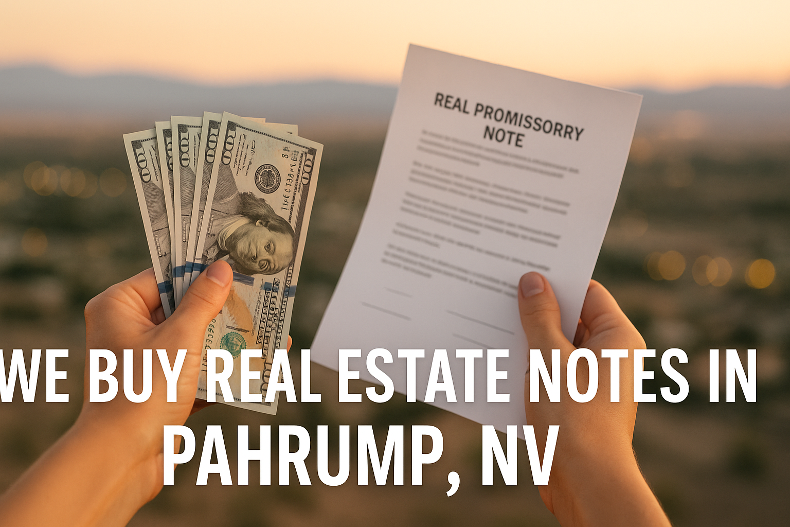 Hands holding a fanned stack of hundred-dollar bills and a promissory note at sunset with text reading “We Buy Real Estate Notes in Pahrump, NV.”