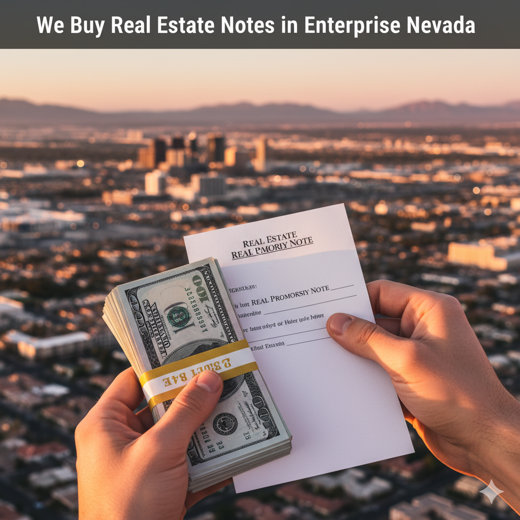 A photorealistic image of hands holding a crisp stack of $100 bills and a real estate promissory note in sharp focus, set against a beautifully blurred panoramic sunset view of Enterprise, NV, with city lights beginning to glow. The image includes the text: "We Buy Real Estate Notes in Enterprise Nevada".