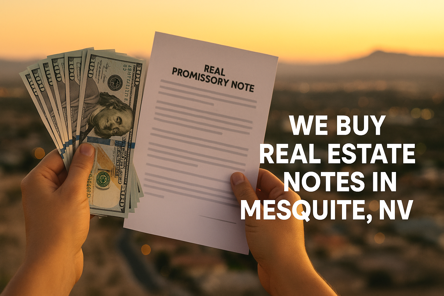 Hands holding cash and a promissory note at sunset with text reading “We Buy Real Estate Notes in Mesquite, NV.”