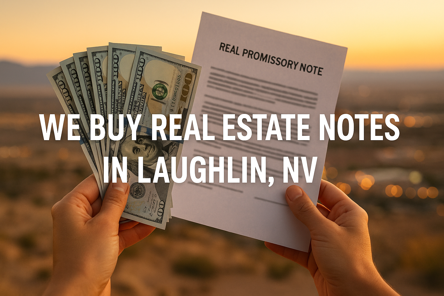 Hands holding a fanned stack of hundred-dollar bills and a promissory note at sunset with text reading “We Buy Real Estate Notes in Laughlin, NV.”