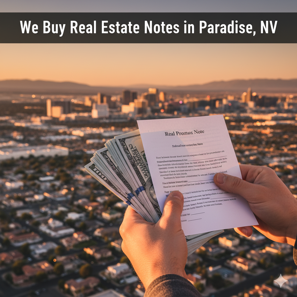 Photorealistic image of hands holding a stack of $100 bills and a real estate promissory note in sharp focus, against a blurred, panoramic sunset view of Paradise, NV. Overlay text: "We Buy Real Estate Notes in Paradise, NV".