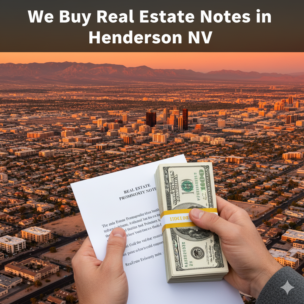 A hand holding a stack of $100 bills in front of a blurred background of the Henderson, NV city skyline at sunset. Text overlay reads "We Buy Real Estate Notes in Henderson NV".