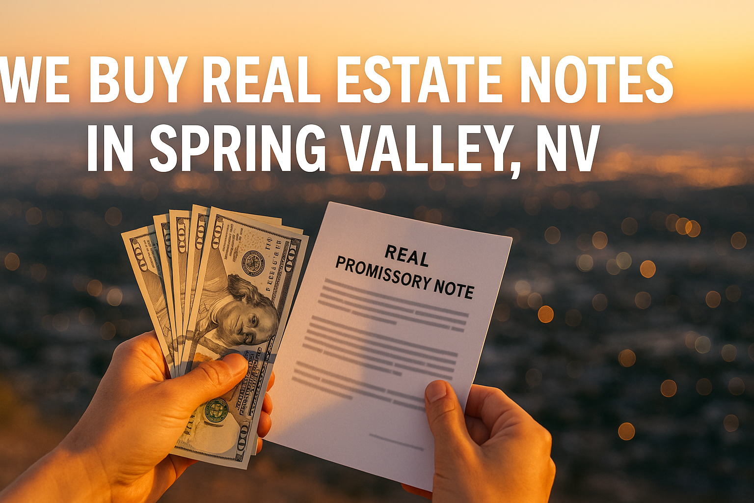 Hands holding cash and a promissory note at sunset with text reading “We Buy Real Estate Notes in Spring Valley, NV.”