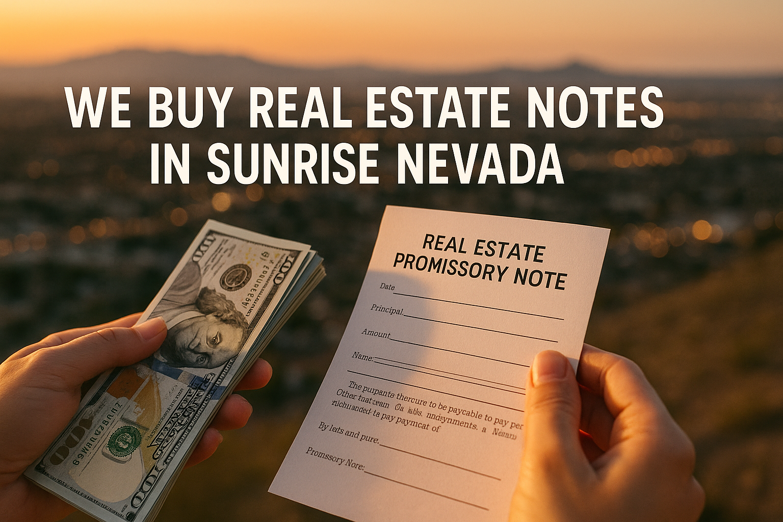 Hands holding cash and a real estate promissory note at sunset over Sunrise Manor, Nevada, with text reading “We Buy Real Estate Notes in Sunrise Nevada.” Title: We Buy Real Estate Notes in Sunrise Nevada