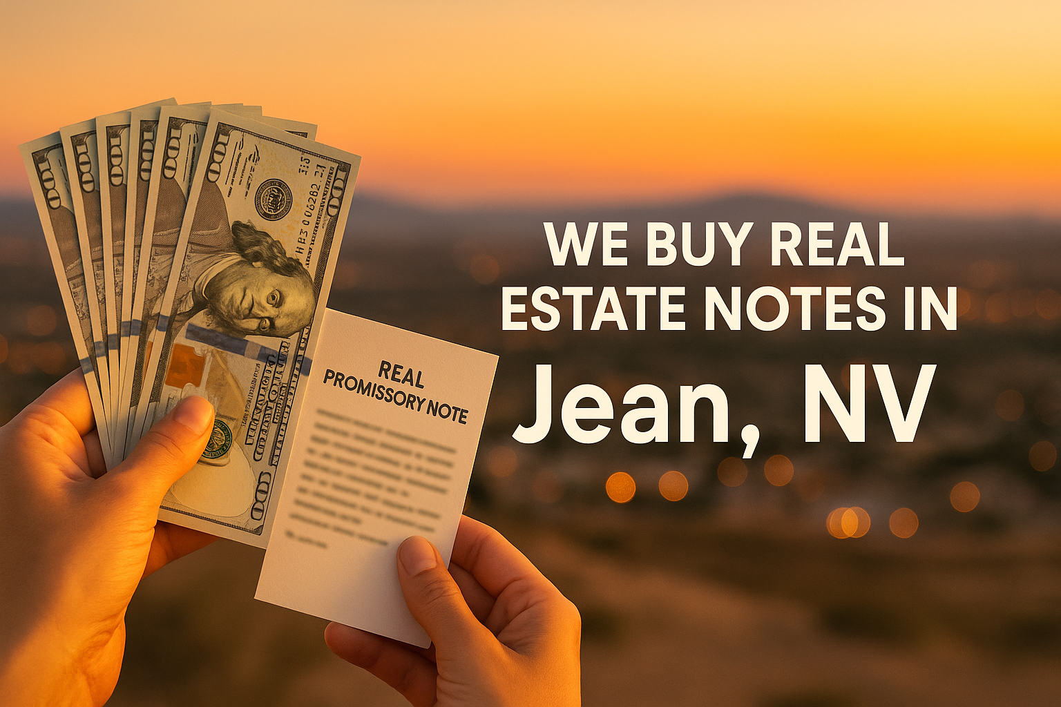 Hands holding a fanned stack of hundred-dollar bills and a promissory note at sunset with text reading “We Buy Real Estate Notes in Sloan, NV.”