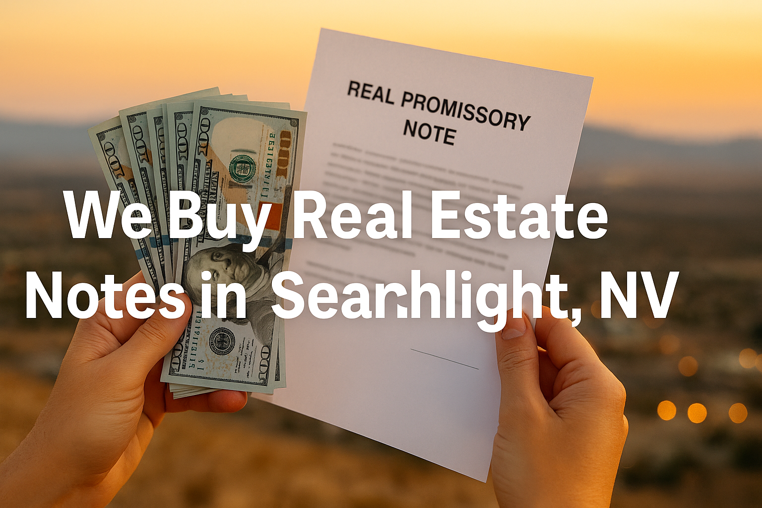 Hands holding a fanned stack of hundred-dollar bills and a promissory note at sunset with text reading “We Buy Real Estate Notes in Searchlight, NV.”