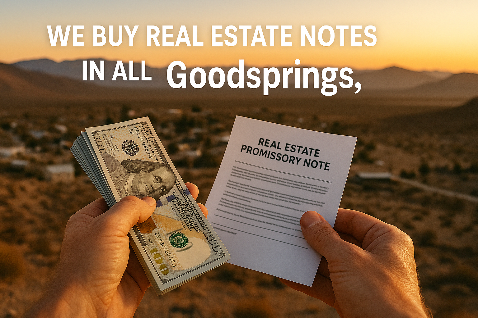 Hands holding a stack of hundred-dollar bills and a real estate promissory note in warm sunset light overlooking the desert town of Goodsprings, Nevada.