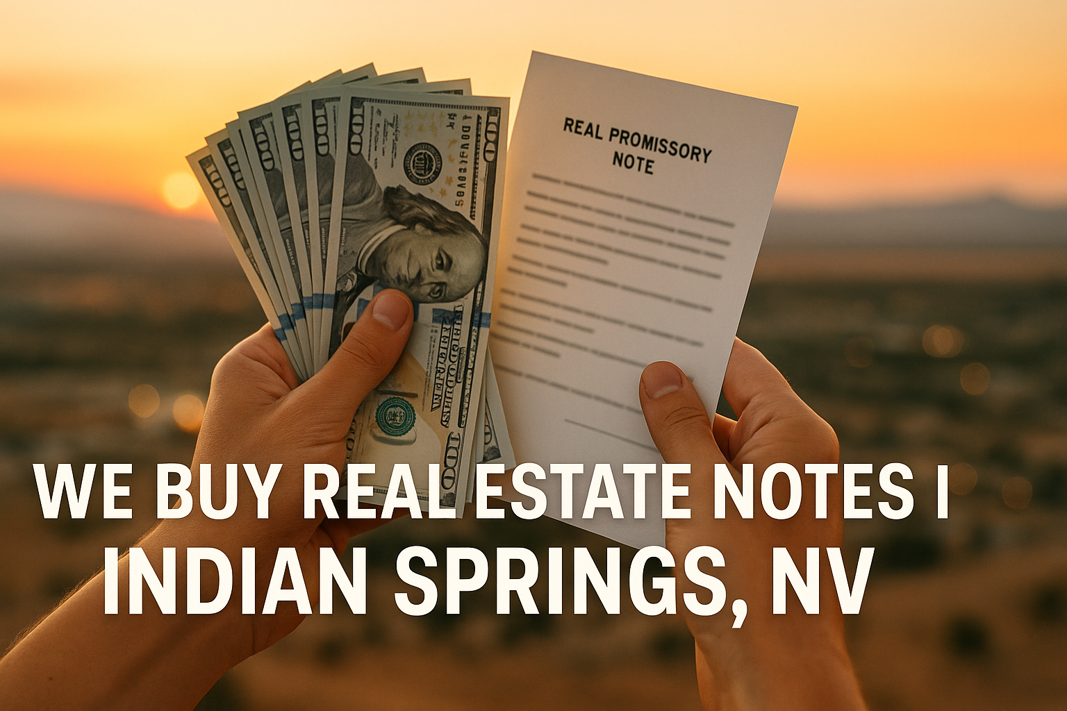 Hands holding a fanned stack of hundred-dollar bills and a promissory note at sunset with text reading “We Buy Real Estate Notes in Indian Springs, NV.”