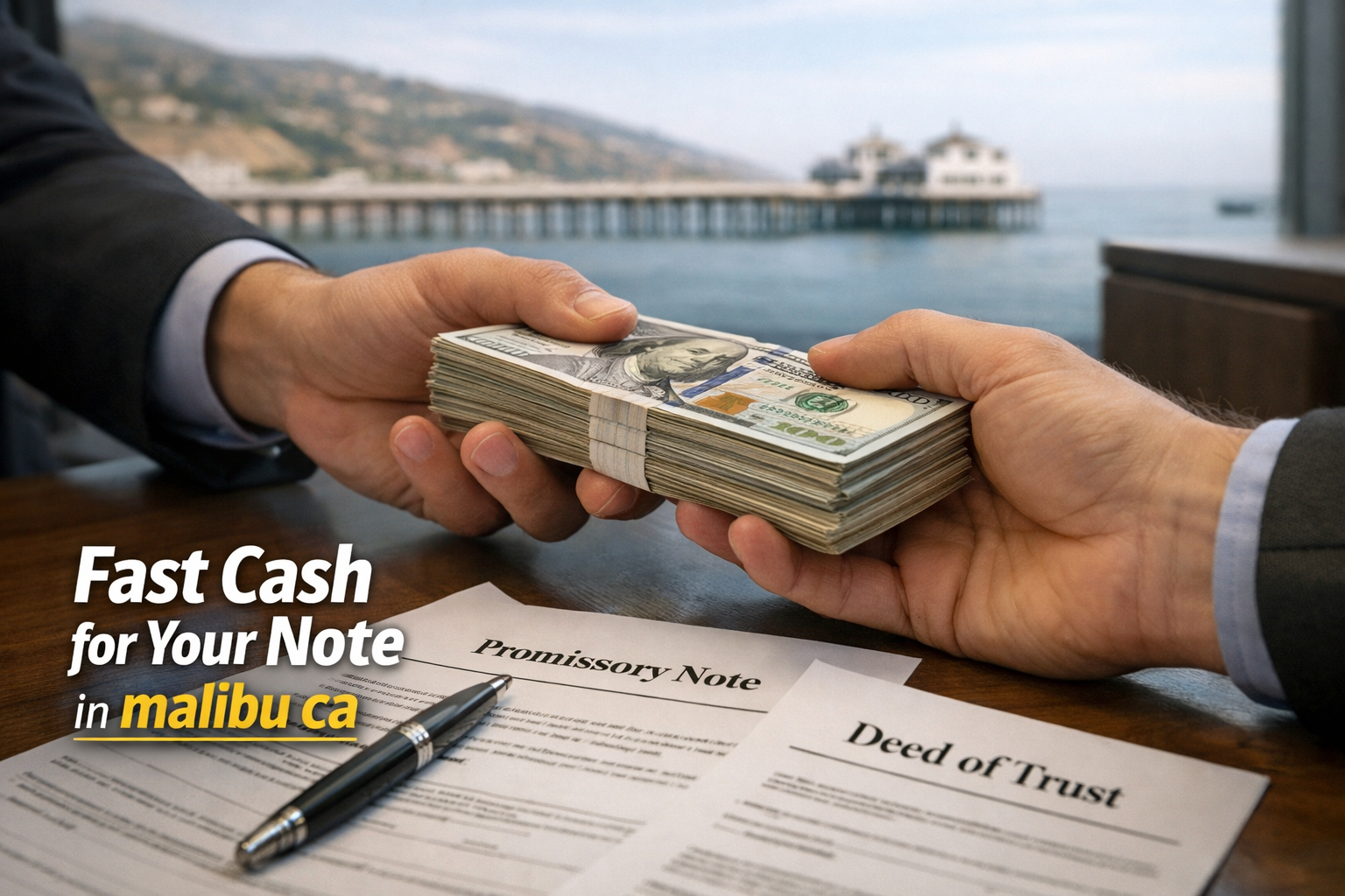 Close-up of cash being exchanged over real estate documents labeled promissory note and deed of trust with Malibu Lagoon State Beach in the background