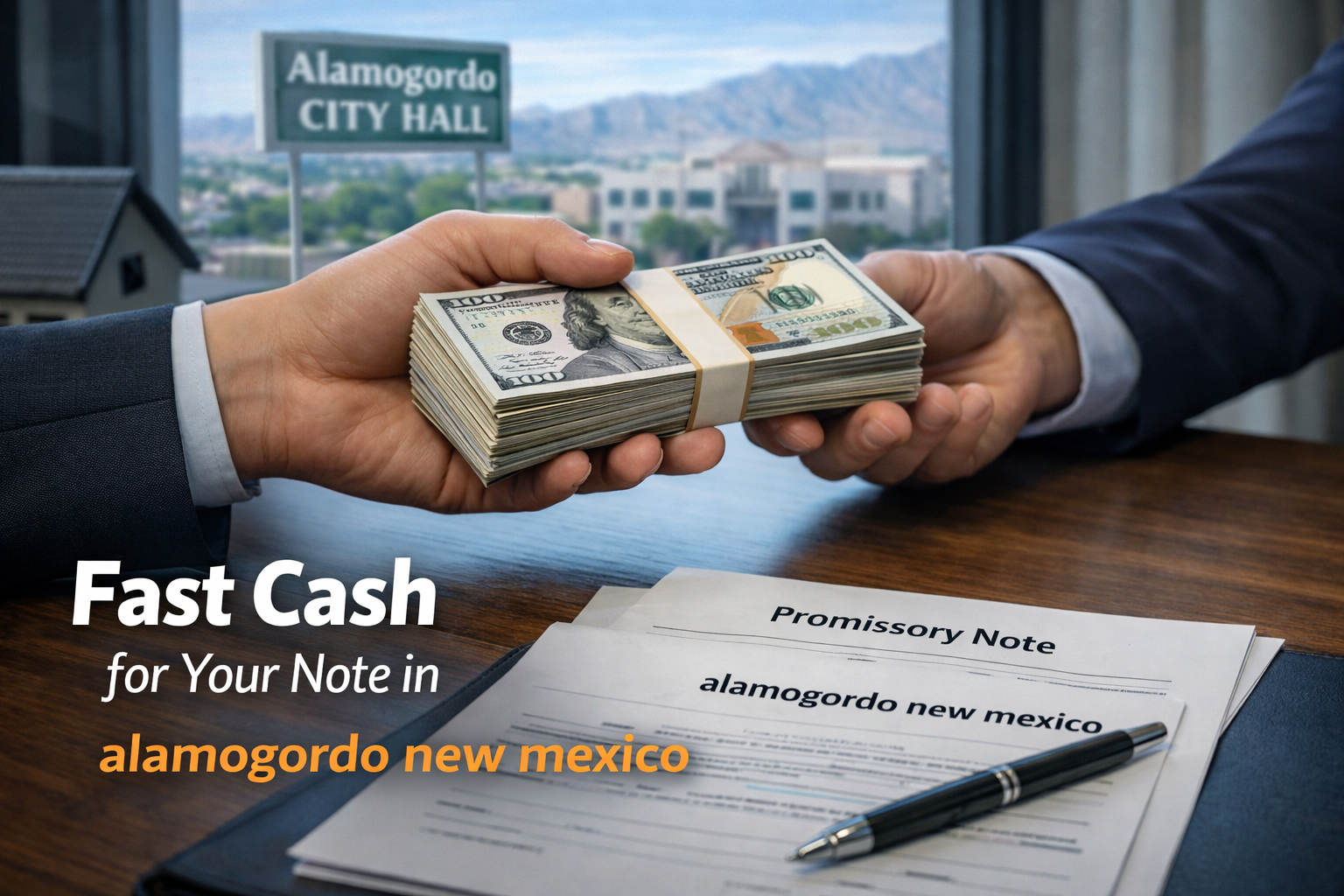 Cash exchange for promissory note and deed of trust during a real estate note sale in Alamogordo New Mexico.