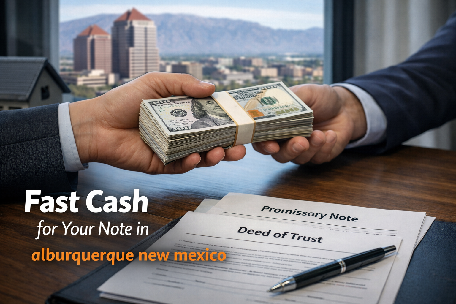 Cash exchange for promissory note and deed of trust during a real estate note sale in Albuquerque New Mexico.