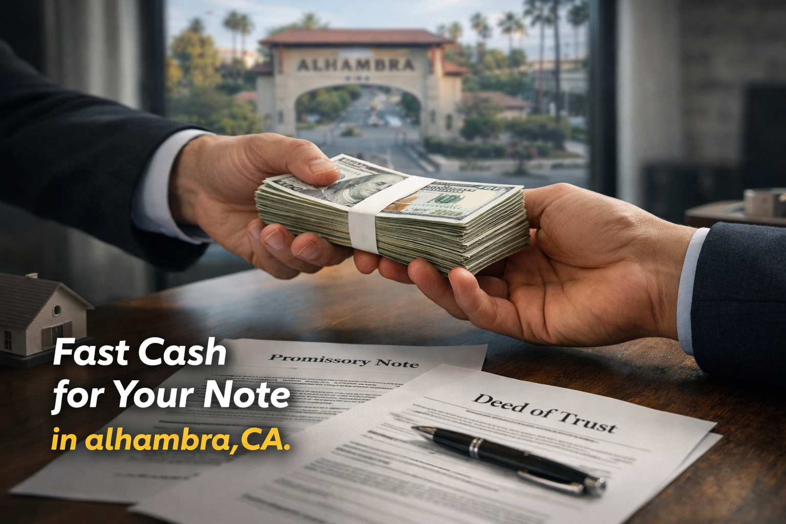 Cash exchange for promissory note and deed of trust during a real estate note sale in Alhambra, CA.