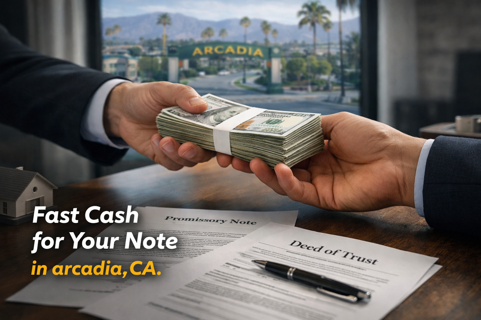 Cash exchange for promissory note and deed of trust during a real estate note sale in Arcadia, CA.