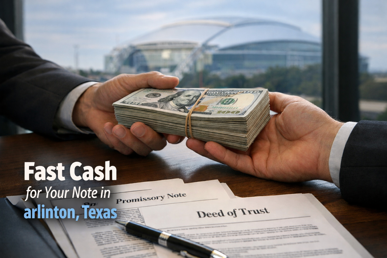 Cash exchange for promissory note and deed of trust during a real estate note sale in Arlington Texas.
