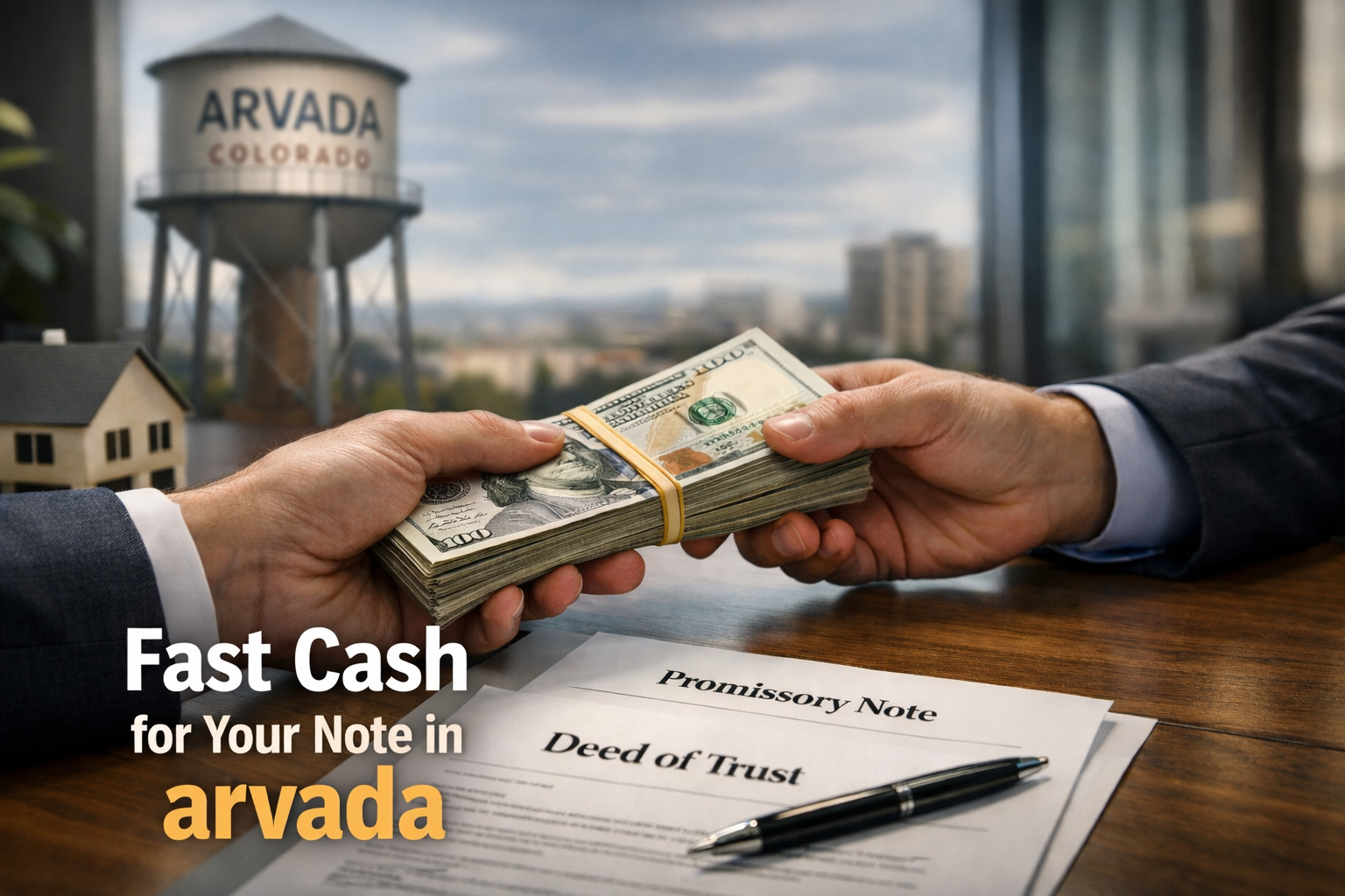 Cash exchange for promissory note and deed of trust during a real estate note sale in Arvada Colorado.