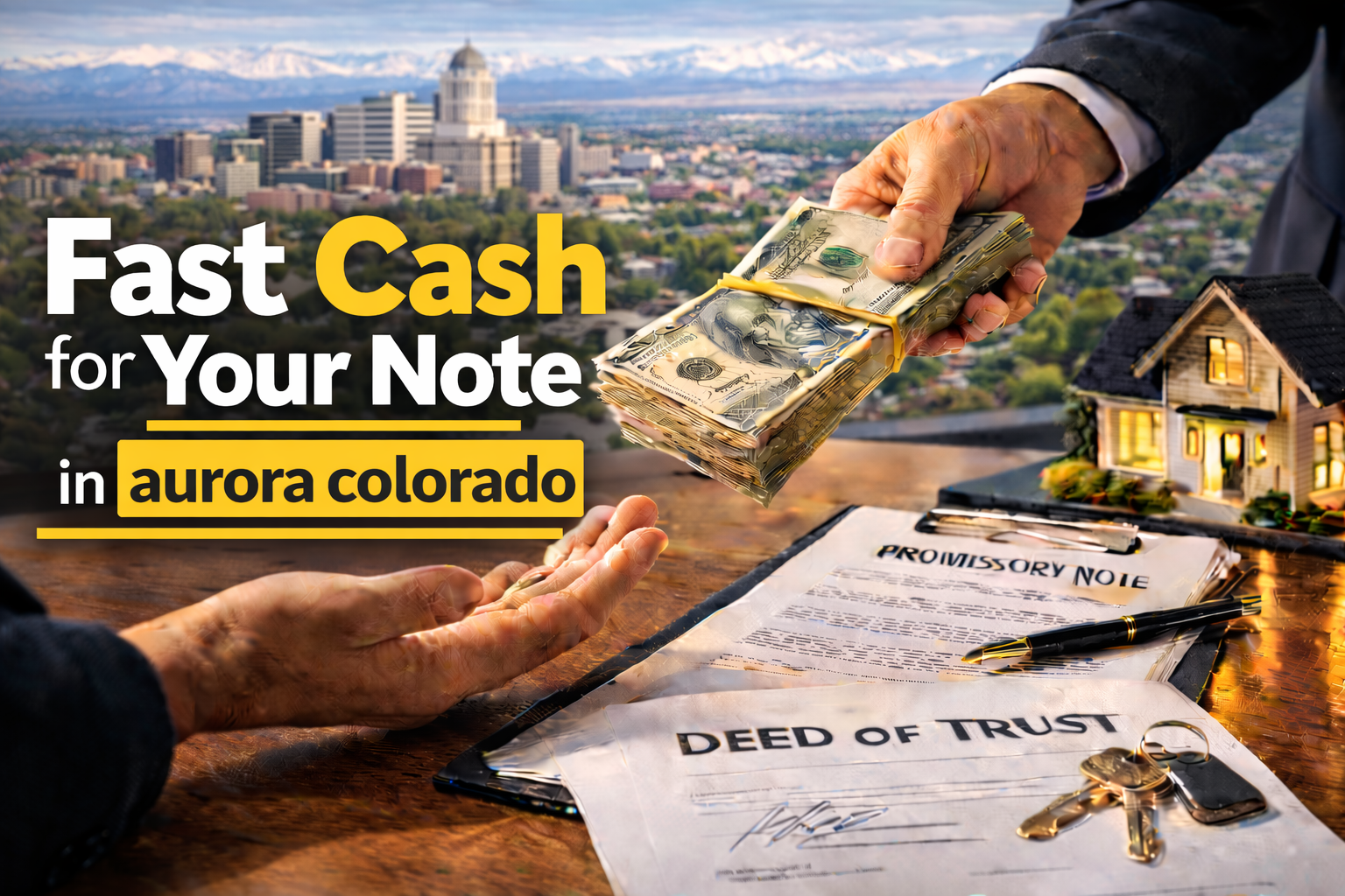 Cash exchange for promissory note and deed of trust during a real estate note sale in Aurora Colorado. 2. Title (under 60 characters)